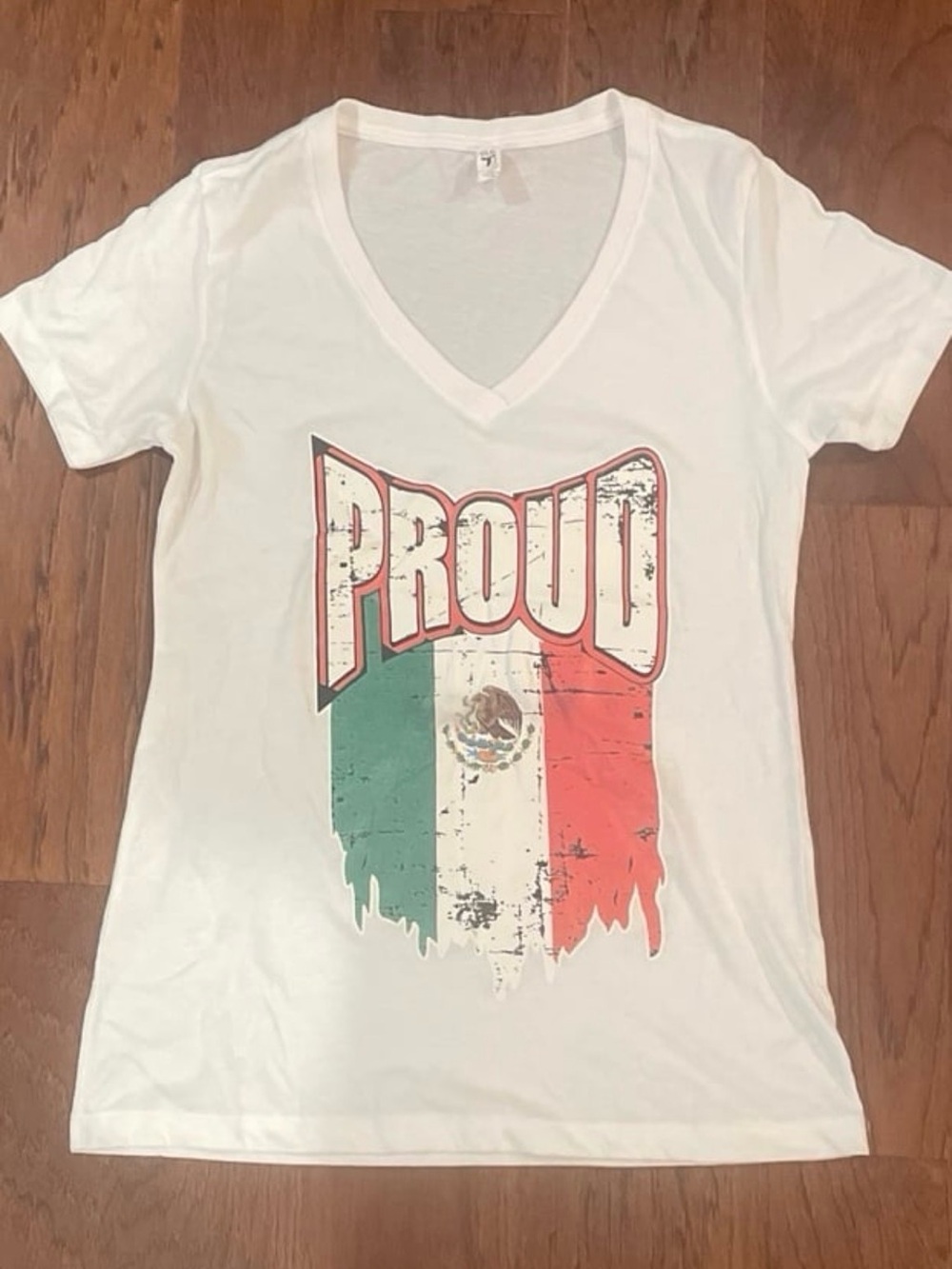 Proud V-Neck Graphic Tee - White with Mexican Flag Print